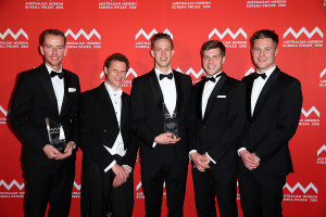 SYDNEY, AUSTRALIA - AUGUST 26:  Greg Ebert, Mark Pellegrini, Simon Preston, James Coohey and Cody Allison win the 'Australian Infectious Diseases Research Centre Eureka Prize for Infectious Diseases Research' during the Australian Museum Eureka Prizes 2015 at Sydney Town Hall on August 26, 2015 in Sydney, Australia.  (Photo by Brendon Thorne/Getty Images)