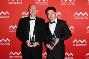 SYDNEY, AUSTRALIA - AUGUST 26:  Professor Bradley Walsh and Professor Dayong Jin win the 'University of New South Wales Eureka Prize for Excellence in Interdisciplinary Scientific Research' at the Australian Museum Eureka Prizes 2015 at Sydney Town Hall on August 26, 2015 in Sydney, Australia.  (Photo by Brendon Thorne/Getty Images)