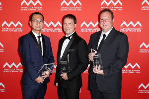 SYDNEY, AUSTRALIA - AUGUST 26:  Dr Steven Tay, Professor Frank Bruno and Dr Martin Belusko are presented with the 'ANSTO Eureka Prize for Innovative Use of Technology' at the Australian Museum Eureka Prizes 2015 at Sydney Town Hall on August 26, 2015 in Sydney, Australia.  (Photo by Brendon Thorne/Getty Images)