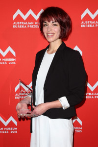 SYDNEY, AUSTRALIA - AUGUST 26:  Viviane Richter accepts the 'Department of Industry and Science Eureka Prize for Science Journalism' on behalf of Dr Elizabeth Finkel at the Australian Museum Eureka Prizes 2015 at Sydney Town Hall on August 26, 2015 in Sydney, Australia.  (Photo by Brendon Thorne/Getty Images)