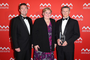 SYDNEY, AUSTRALIA - AUGUST 26:  Ian Irving, Winter McCall and Shane Cooper are presented with the 'Defence Science and Technology Group Eureka Prize for Outstanding Science for Safeguarding Australia' at the Australian Museum Eureka Prizes 2015 at Sydney Town Hall on August 26, 2015 in Sydney, Australia.  (Photo by Brendon Thorne/Getty Images)