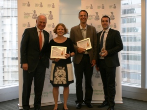 Centenary Executive Director, Professor Mathew Vadas AO wtih Centeanry Insitute Lawrence Creative Prize finalists Lucy Palmer, Nico Plachta and winner Geoff Faulkner