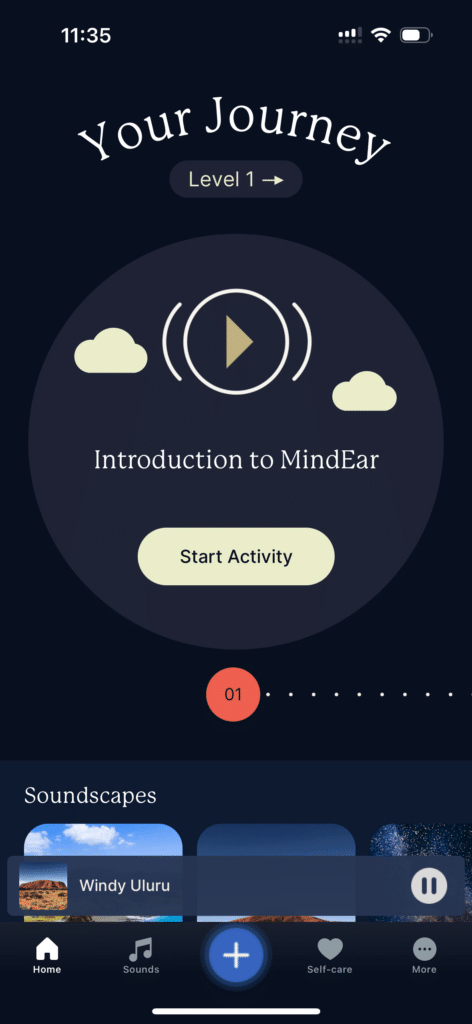 A screenshot of the MindEar app showing the on screen functions