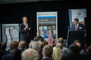 Launch of the Clive and Vera Ramaciotti Centre for Structural Cryo Electron Microscopy. From left Mike Lawrence (WEHI), Marc Kvansakul (La Trobe), Dominika Elmlund (Monash), James Whisstock (Imaging Centre)