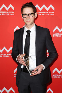 SYDNEY, AUSTRALIA - AUGUST 26: Dr Phillip Urquijo is presented with the '3M Eureka Prize for Emerging Leader in Science' at the Australian Museum Eureka Prizes 2015 at Sydney Town Hall on August 26, 2015 in Sydney, Australia. (Photo by Brendon Thorne/Getty Images)