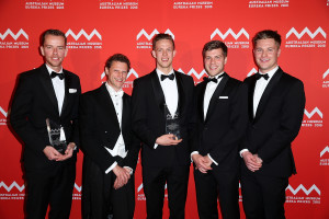 SYDNEY, AUSTRALIA - AUGUST 26: Greg Ebert, Mark Pellegrini, Simon Preston, James Coohey and Cody Allison win the 'Australian Infectious Diseases Research Centre Eureka Prize for Infectious Diseases Research' during the Australian Museum Eureka Prizes 2015 at Sydney Town Hall on August 26, 2015 in Sydney, Australia. (Photo by Brendon Thorne/Getty Images)