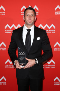 SYDNEY, AUSTRALIA - AUGUST 26: Professor Michael Biercuk wins the 'Macquarie University Eureka Prize for Outstanding Early Career Researcher' at the Australian Museum Eureka Prizes 2015 at Sydney Town Hall on August 26, 2015 in Sydney, Australia. (Photo by Brendon Thorne/Getty Images)