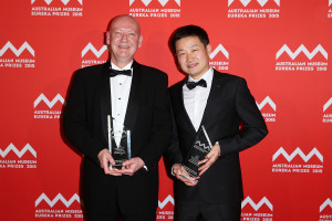 SYDNEY, AUSTRALIA - AUGUST 26: Professor Bradley Walsh and Professor Dayong Jin win the 'University of New South Wales Eureka Prize for Excellence in Interdisciplinary Scientific Research' at the Australian Museum Eureka Prizes 2015 at Sydney Town Hall on August 26, 2015 in Sydney, Australia. (Photo by Brendon Thorne/Getty Images)