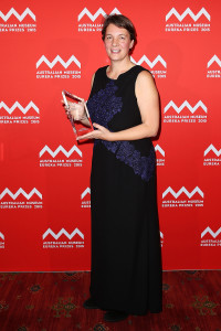SYDNEY, AUSTRALIA - AUGUST 26: Professor Michelle Simmons is presented with the 'CSIRO Eureka Prize for Leadership in Science' at the Australian Museum Eureka Prizes 2015 at Sydney Town Hall on August 26, 2015 in Sydney, Australia. (Photo by Brendon Thorne/Getty Images)