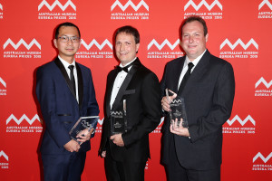 SYDNEY, AUSTRALIA - AUGUST 26: Dr Steven Tay, Professor Frank Bruno and Dr Martin Belusko are presented with the 'ANSTO Eureka Prize for Innovative Use of Technology' at the Australian Museum Eureka Prizes 2015 at Sydney Town Hall on August 26, 2015 in Sydney, Australia. (Photo by Brendon Thorne/Getty Images)
