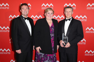 SYDNEY, AUSTRALIA - AUGUST 26: Ian Irving, Winter McCall and Shane Cooper are presented with the 'Defence Science and Technology Group Eureka Prize for Outstanding Science for Safeguarding Australia' at the Australian Museum Eureka Prizes 2015 at Sydney Town Hall on August 26, 2015 in Sydney, Australia. (Photo by Brendon Thorne/Getty Images)