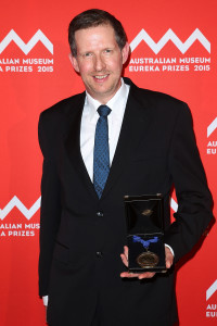 SYDNEY, AUSTRALIA - AUGUST 26: Mark Eldridge is presented with the 'AMRI Medal' at the Australian Museum Eureka Prizes 2015 at Sydney Town Hall on August 26, 2015 in Sydney, Australia. (Photo by Brendon Thorne/Getty Images)