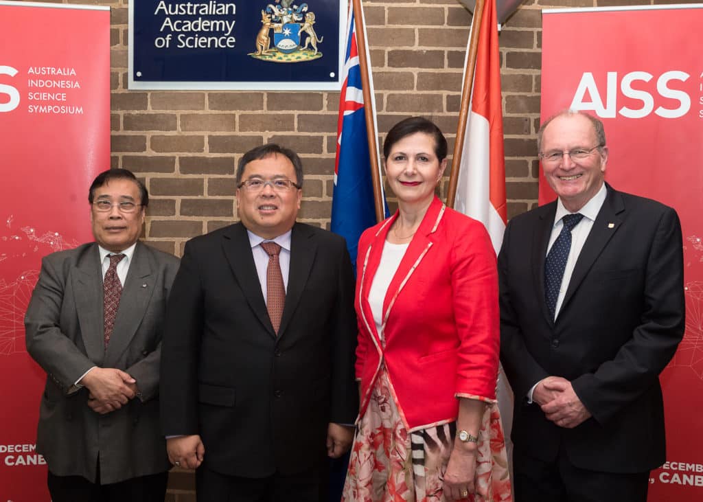 Dr Bambang PS Brodjonegoro, (Indonesia’s Minister of National Development Planning), Professor Sangkot Marzuki (President of the Indonesian Academy of Sciences), Senator the Hon. Concetta Fierravanti-Wells (Australia’s Minister for International Development and the Pacific) and Professor Andrew Holmes (President of the Australian Academy of Science) (photo credit: Bradley Cummings)