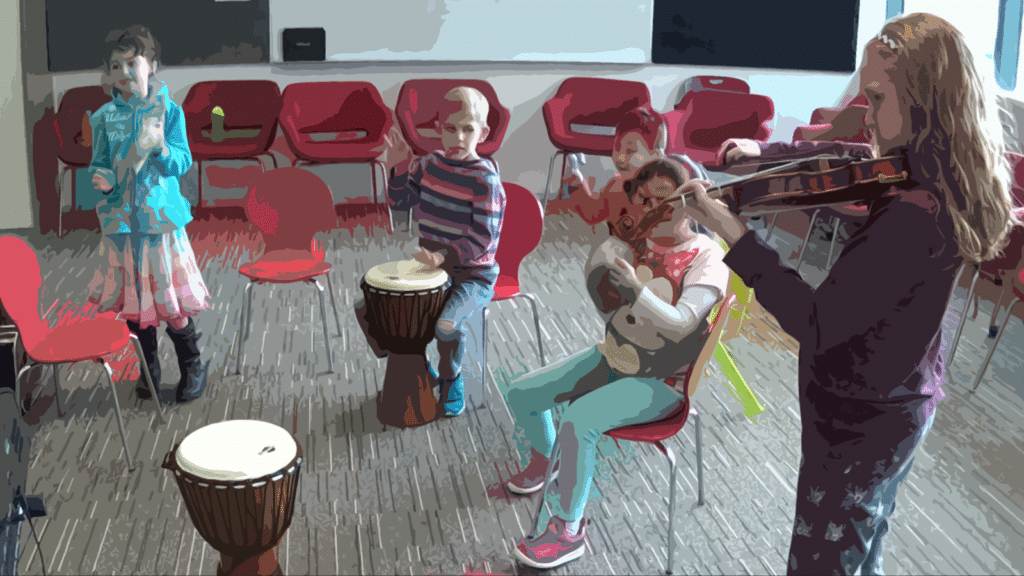 Children play a variety of music instruments together.