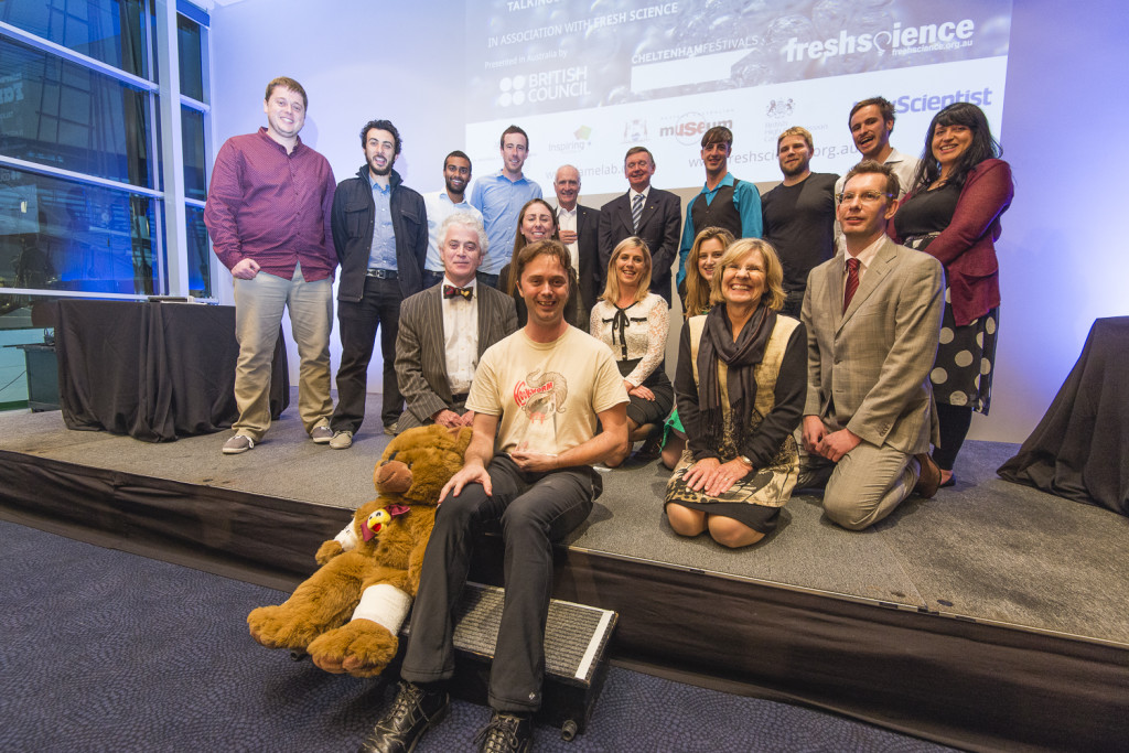 FameLab Australia 2014 (Top left: James Makinson, Vince Polito, Niraj Lal, Nick Roden, Prue Cormie, Robyn Williams (MC), His Excellency Malcolm McCusker AO, Francis Torres, Tim Brennan, James Aridas, Linden Servinis. Front left: Dr Ian McLeod (judge), Michael Smout, Lydia Tong, Lisa Schafranek, Prof Lyn Beazley (judge), Nick Marchand (judge). Photo: OK-White Lane. © International FameLab.