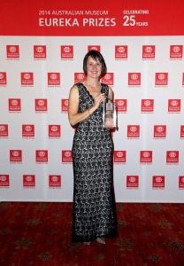 Maree Teeson with her University of Technology, Sydney Eureka Prize for Outstanding Mentor of Young Researchers trophy. (Mark Metcalfe/Getty Images)