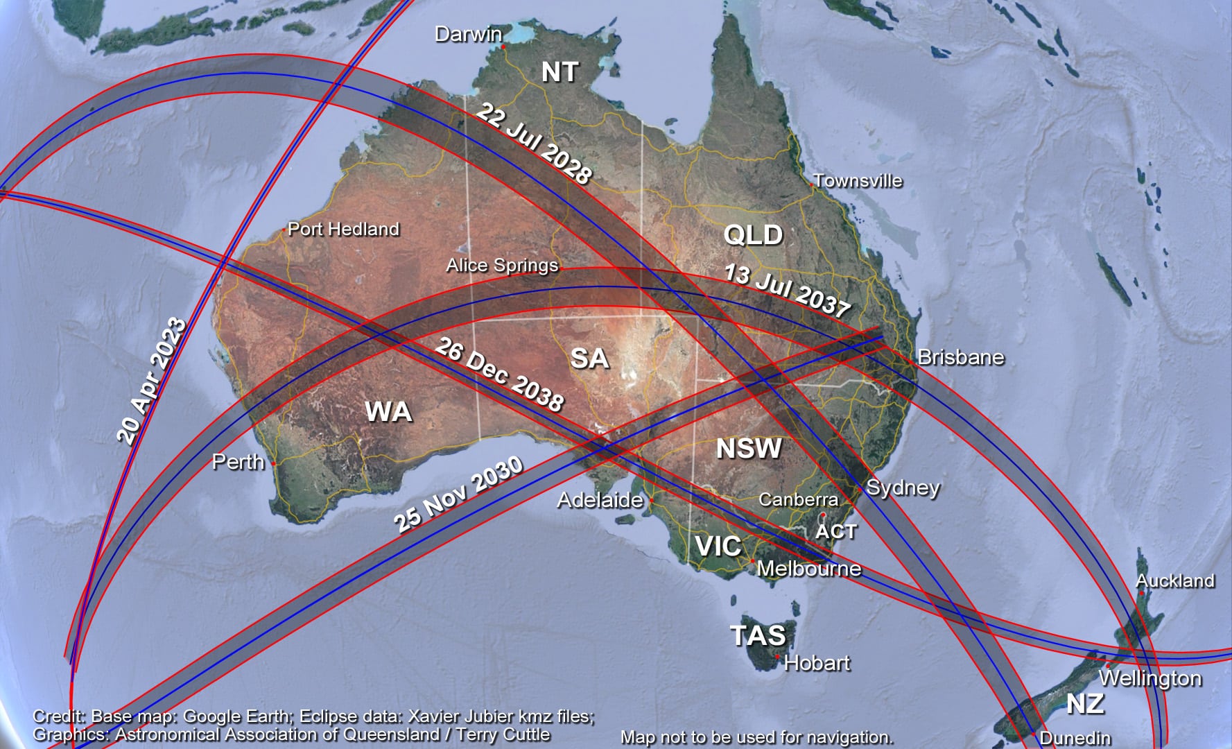 Map showing the path of totality of the next five solar eclipsed obeservable from Australia.