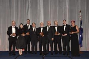 L-R: Gary Tilley, Kerrie Wilson, Colin Hall, Minister Greg Hunt, Rick Shine, Prime Minister Malcolm Turnbull, Michael Aitken, Richard Payne, and Suzy Urbaniak (Photo credit: Prime Minister’s Prizes for Science)